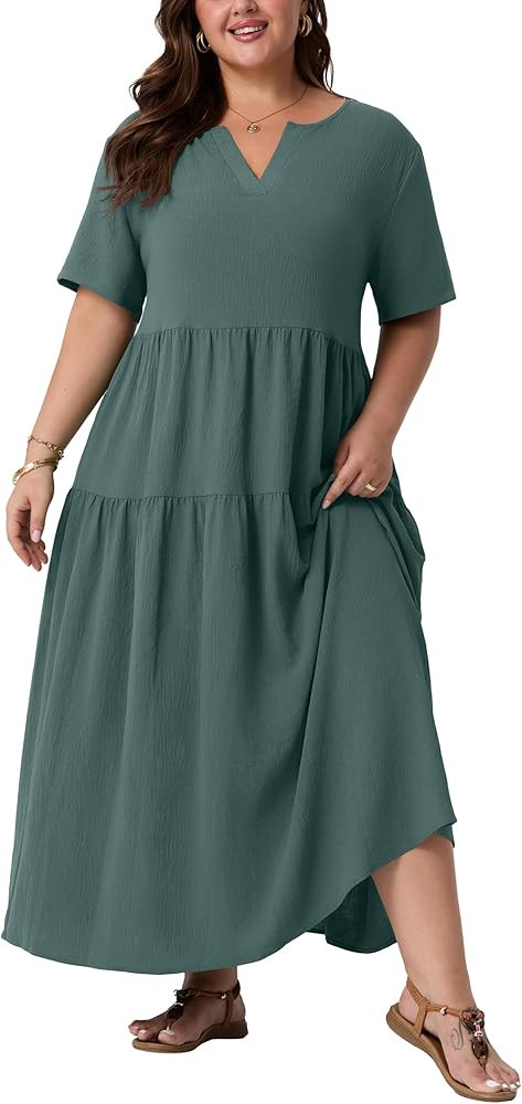 OLRIK Plus Size Maxi Dresses for Curvy Women - Flowy Boho Summer Dress with Pockets, V-Neck Short... | Amazon (US)