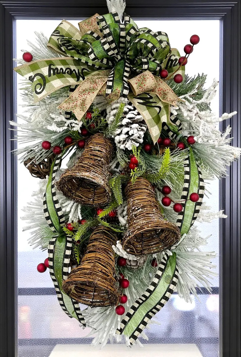 BESTSELLER! Flocked Rustic Swag, Front Door Swag, Christmas Winter Swag, Swag With Bells, Rustic ... | Etsy (US)