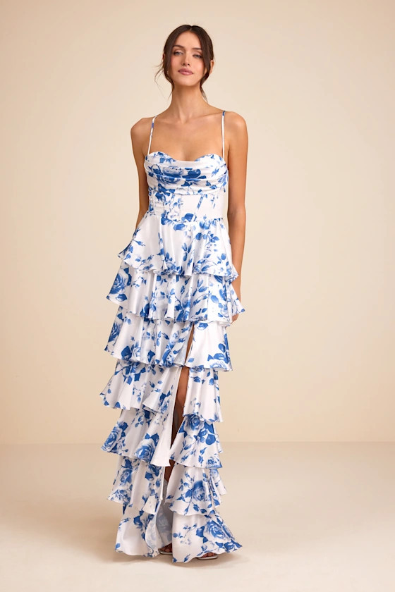 Arletta White and Blue Floral Satin Bustier Tiered Maxi Dress | Lulus