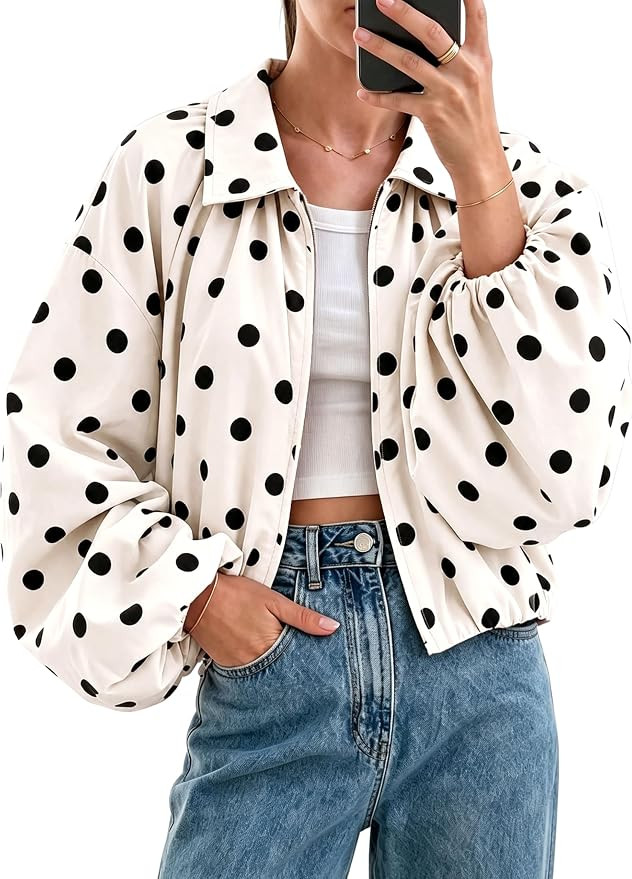 Women Polka Dot Jacket Puffed Sleeve Bomber Jacket Lapel Collar Zip Up Cropped Loose Fall Spring ... | Amazon (US)