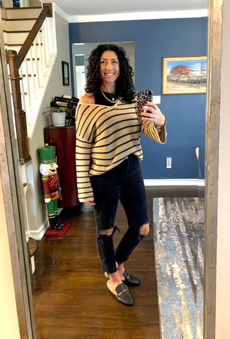 Black and tan OOTD. Target racerback tank. I’m wearing a medium. Old Navy v neck sweater. Sized up to a medium for an oversized look. Abercrombie black high waist distressed straight leg jeans. Target faux fur mules. 

#LTKunder50 #LTKunder100 #LTKstyletip