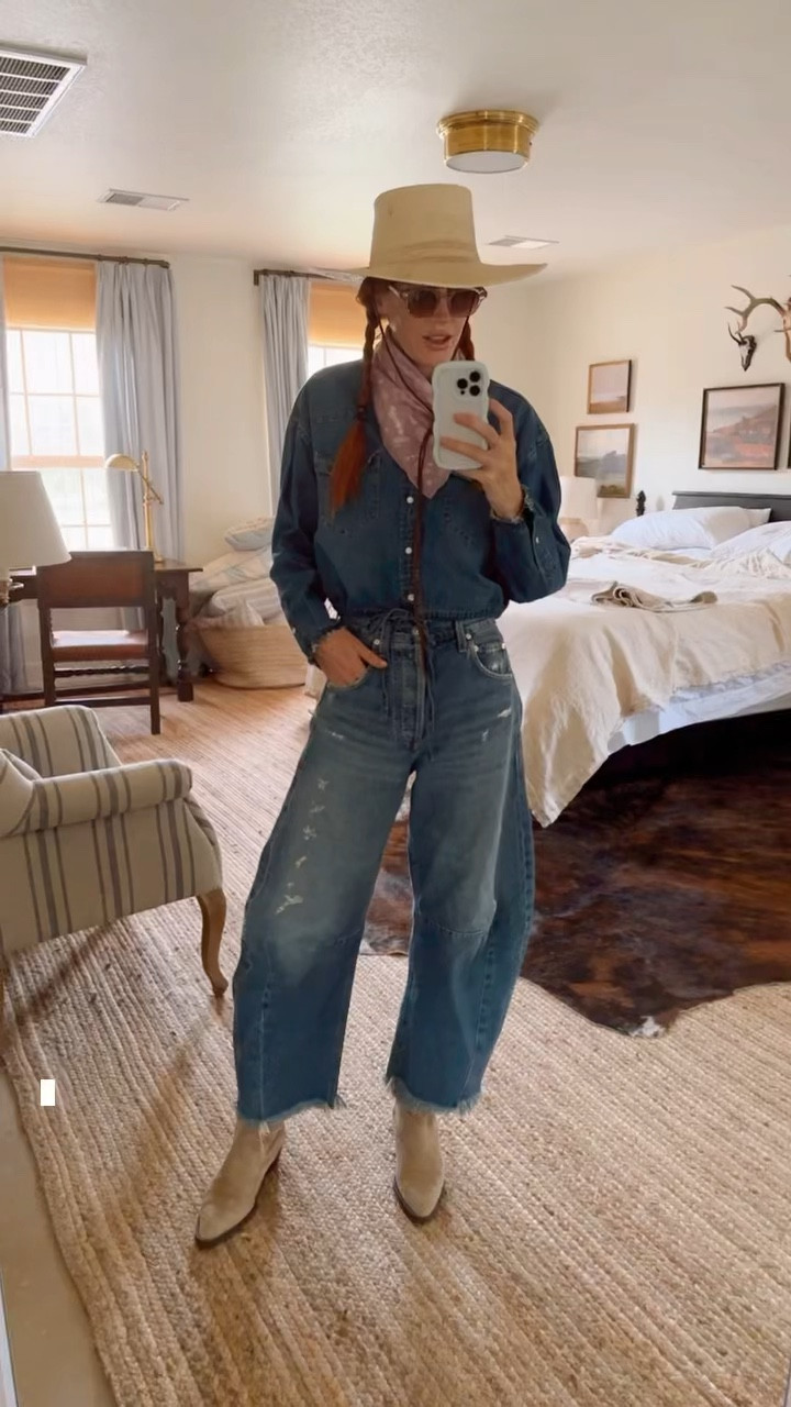 Out and about at the ranch today. I usually wear long sleeves and loose fitting items when I’m outside to provide sun coverage and breathability. I got this shirt last season, but pulled it out to wear this summer, it’s the perfect length and hits right at the waistline. Showing you guys another way to wear the horseshoe jeans, loving it with the denim on denim look.

I got these bandanas made for the kids with Bizzy’s ‘Box Ranch’ handwriting, they turned out so cute!

#LTKSeasonal #LTKstyletip #LTKtravel