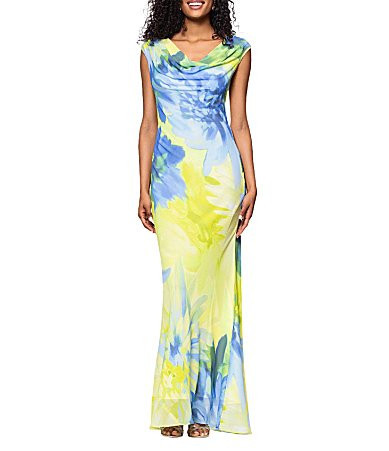 Betsy Adam Chiffon Floral Print Cowl Neck Sleeveless Sheath Gown - 2 | Dillard's