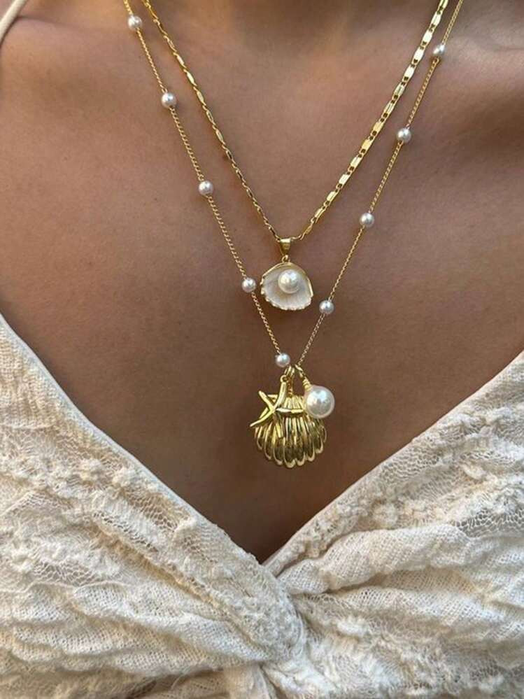 Set de 2 collares de joyería con estrella de mar, perla y concha de estilo de resort | SHEIN