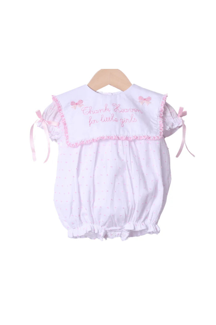 Embroidered Thank Heavens for Little Girls Pink Swiss Dot Bubble | The Smocked Flamingo