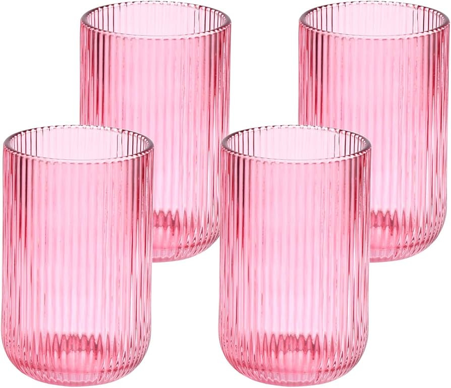 Ribbed Modern Drinking Glasses Set of 4-14.5 OZ Rose Romantic Water Glasses Tumblers for Wine, Wh... | Amazon (US)