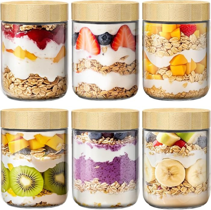 16 oz Overnight Oats Containers with Bamboo Lids, Glass Mason Jars 6 Pack | Amazon (US)