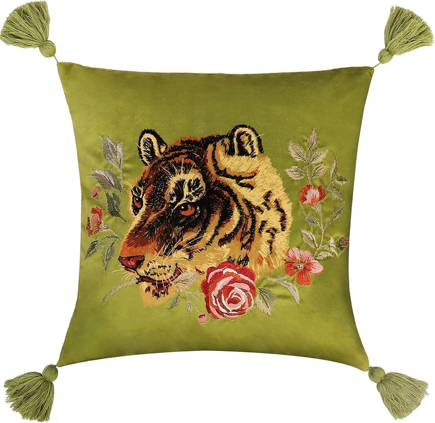 JWH Tiger Velvet Throw Pillow Cover Decorative Flower Emboidered Accent Pillow Case Print Cushion... | Amazon (US)