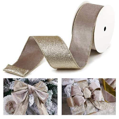 LIZLOVESS Taupe Velvet Wired Ribbon with Glitter Back 2.5 Inch Camel and Gold Christmas Ribbon Wired Taupe Ribbon for Christmas Tree, Gift Wrapping, Mantel, Wreaths Supplies, Topper Bows (10 Yards) | Amazon (US)