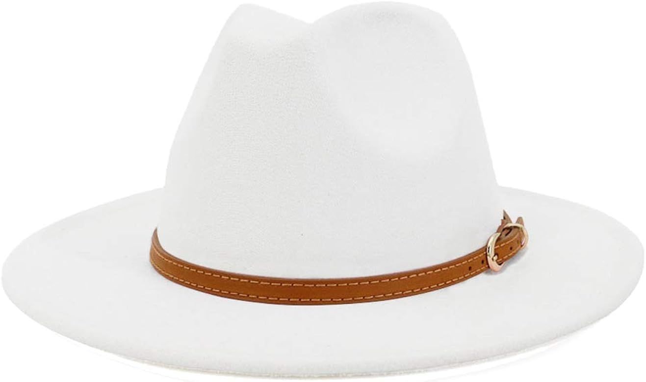 Lisianthus Women White Fedora Wide Brim Panama Hats with Color Belt Buckle | Amazon (US)