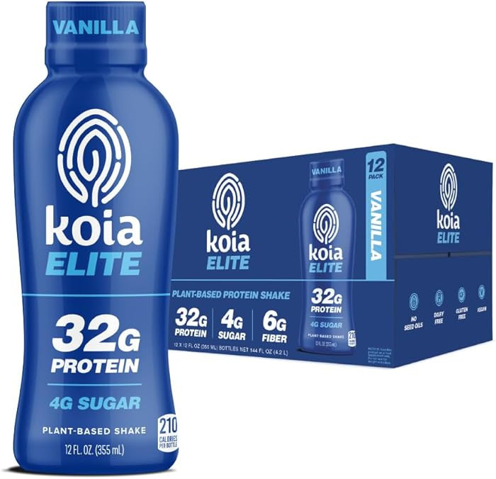 Koia Elite Plant Based Protein Shake, Vanilla, 32g Protein, 4g Sugar, 6g Prebiotic Fiber, Pre & P... | Amazon (US)