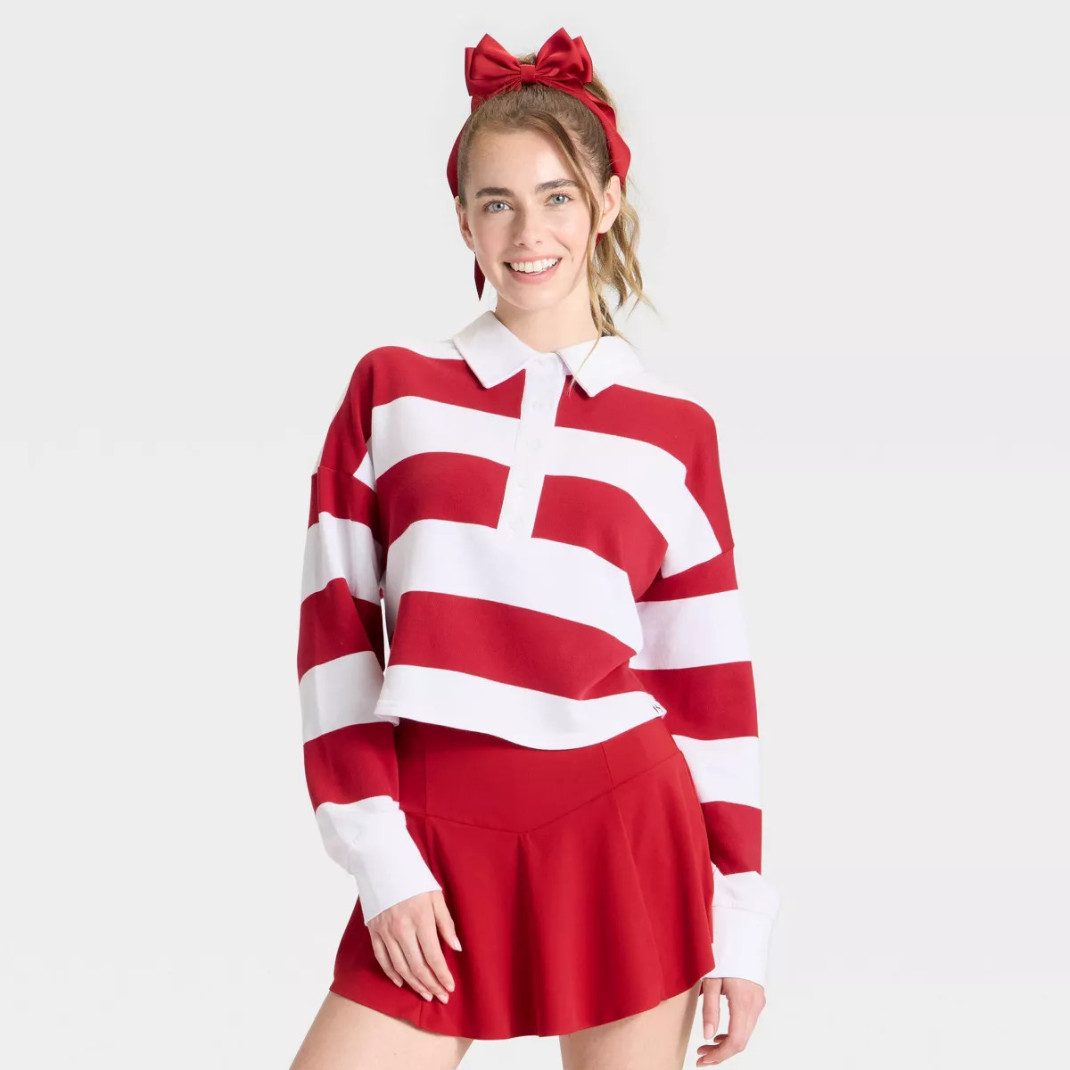 Women's Game Day Striped Cropped Long Sleeve Polo T-Shirt - JoyLab™ | Target