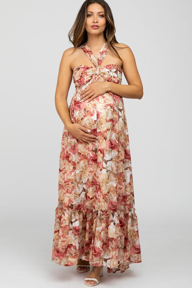 Pink Floral Burnout Halter Neck Maternity Gown | PinkBlush Maternity