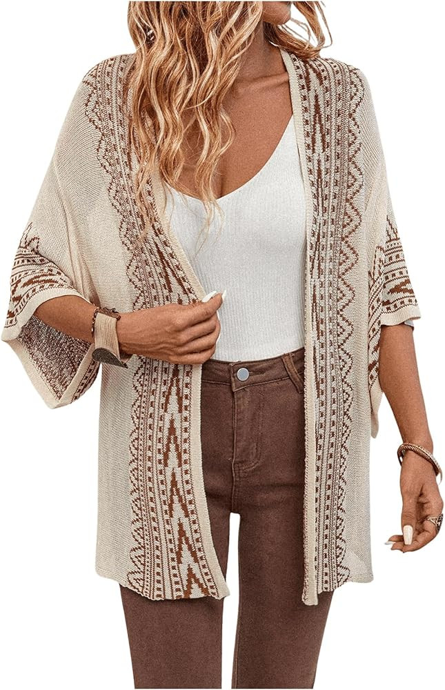 WDIRARA Women's Tribal Boho Cardigans Open Front Knit Lightweight Kimonos Sweater | Amazon (US)