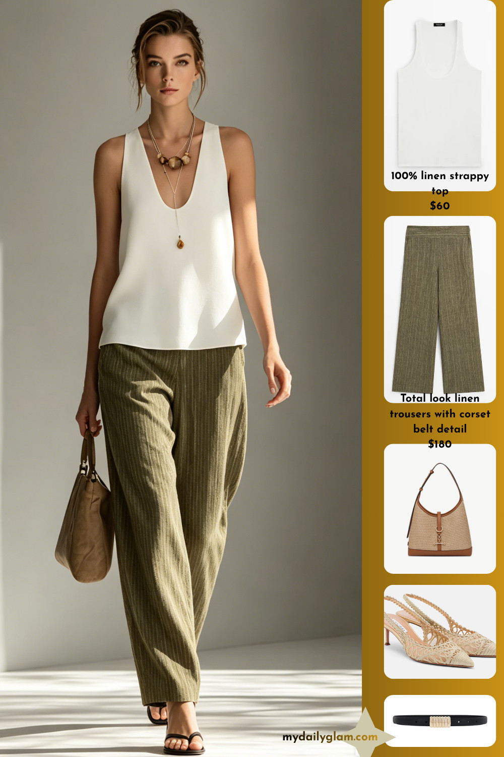 White Scoop Neck Tank + Olive Pinstripe High Waist Wide Leg Trousers Smart Office Outfit

#OfficeWorkwear #WideLegTrousers #SmartCasual
 

 #LTKootd #LTKOver40 #LTKWorkwear