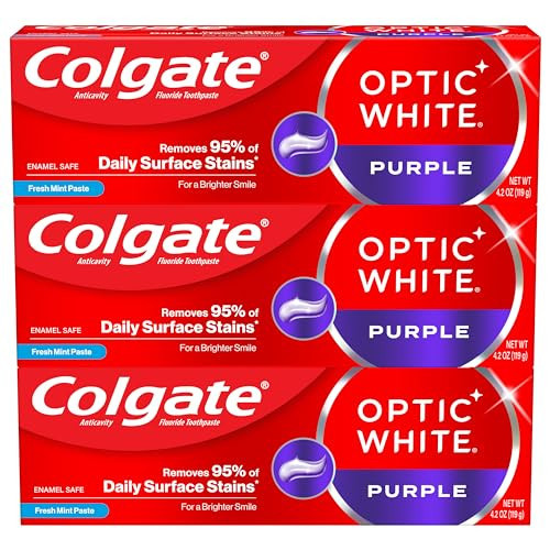 Colgate Optic White Purple Toothpaste for Teeth Whitening, Teeth Whitening Toothpaste with Fluoride, Helps Remove Surface Stains, Enamel-Safe for Daily Use, Mint, 3 Pack, 4.2 oz | Amazon (US)