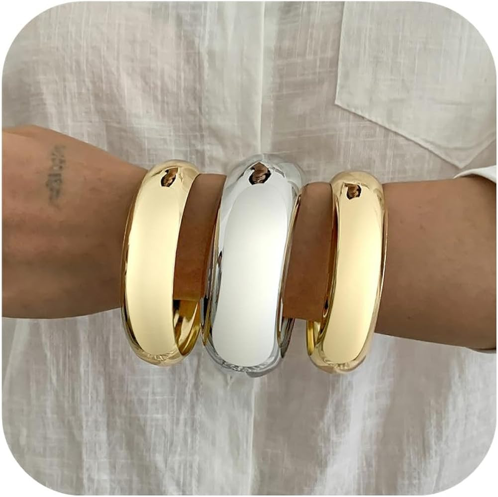Chunky Gold Bangles Bracelets for Women Trendy Silver Stack Bracelet Minimalist Wide Bangle Jewel... | Amazon (US)