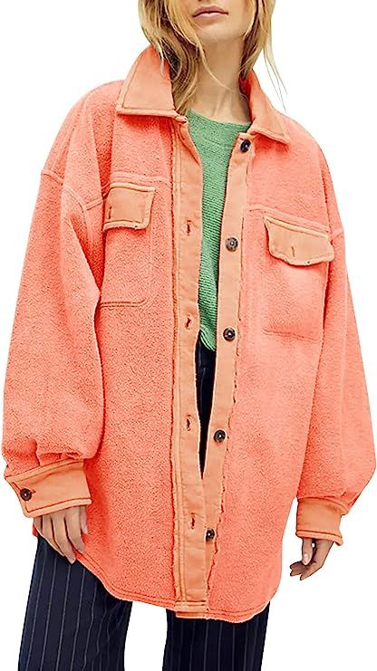 Womens Oversized Long Sleeve Button Down Shirt Jacket Soft Comfy Casual Shacket Coats with Pocket... | Amazon (US)