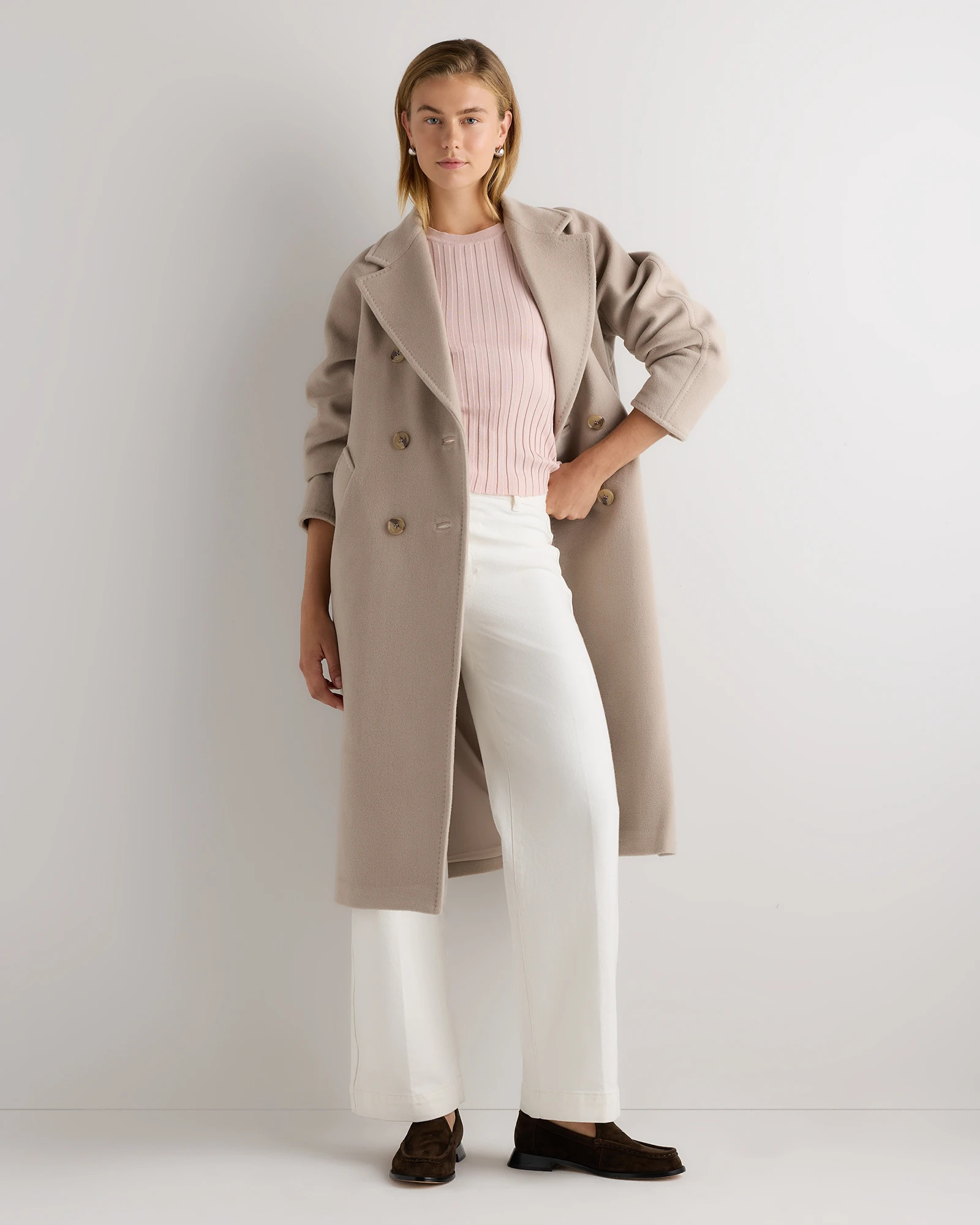 Quince | Women's Wool Cashmere Double-Breasted Belted Long Coat in Melange Sand Dune, Size Small | Quince