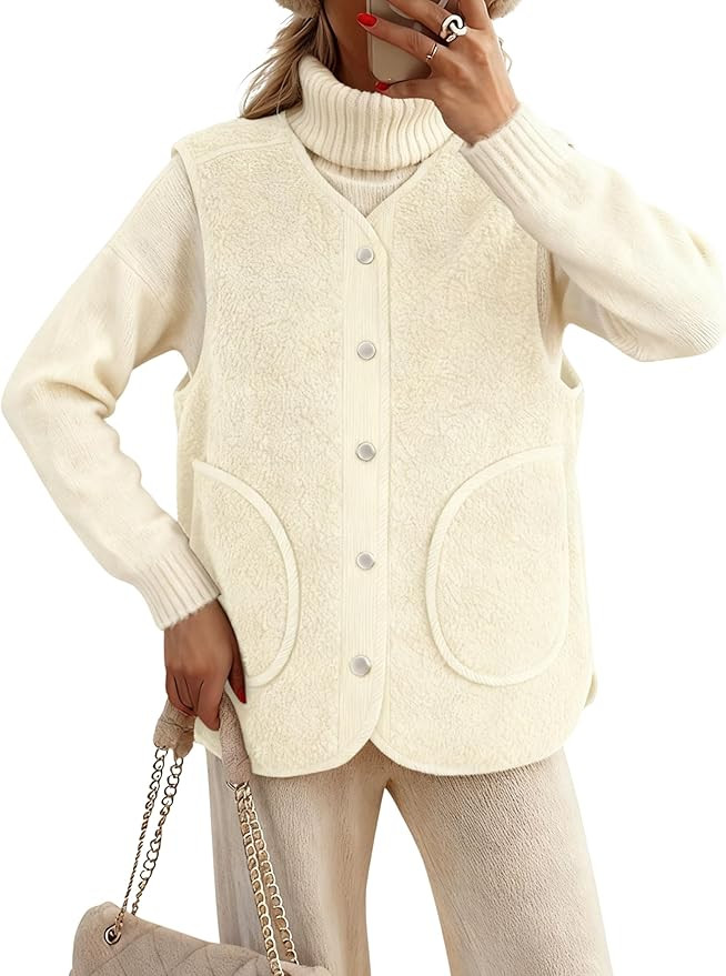 QIBABU Womens Fuzzy Fleece Vest Casual Button Down Sherpa Vest Warm Sleeveless Jackets with Pocke... | Amazon (US)