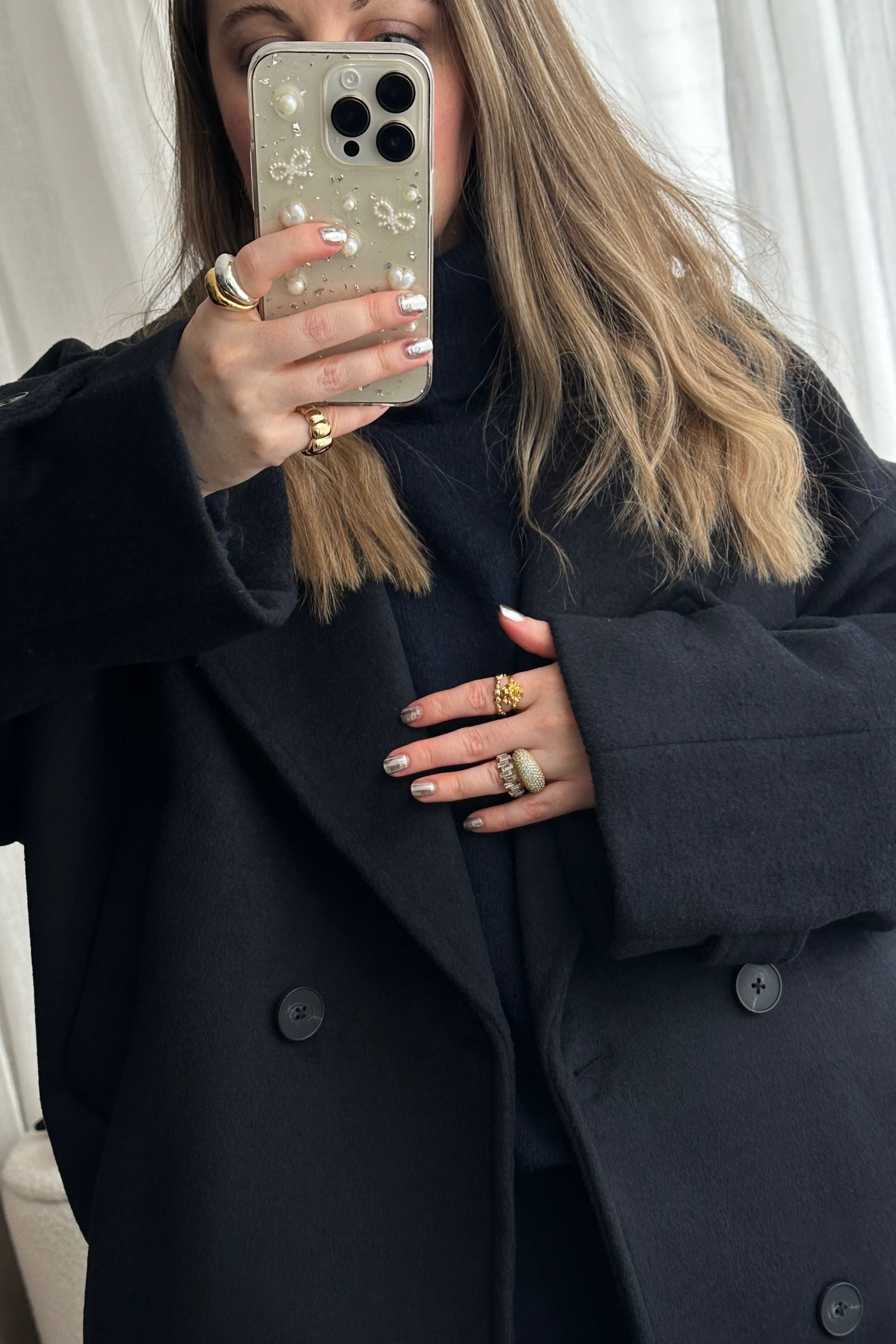 Accessorising a head to toe tonal navy outfit with lots of jewellery and silver nails ⚜️
 | Navy tonal outfit | Oversized wool pea coat | Spring outfits | Head to toe | Trending brunch outfits | Mixed metals | Silver and gold fine 

#LTKstyletip #LTKU #LTKworkwear