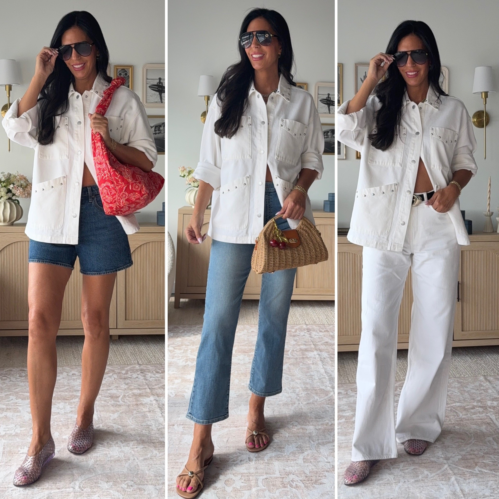This Target white studded chore jacket is the ultimate jacket for summer. I am obsessed! Styled 3 ways 
Wearing a small 
Shorts - size 27 
Jeans - 26 and 26long 
