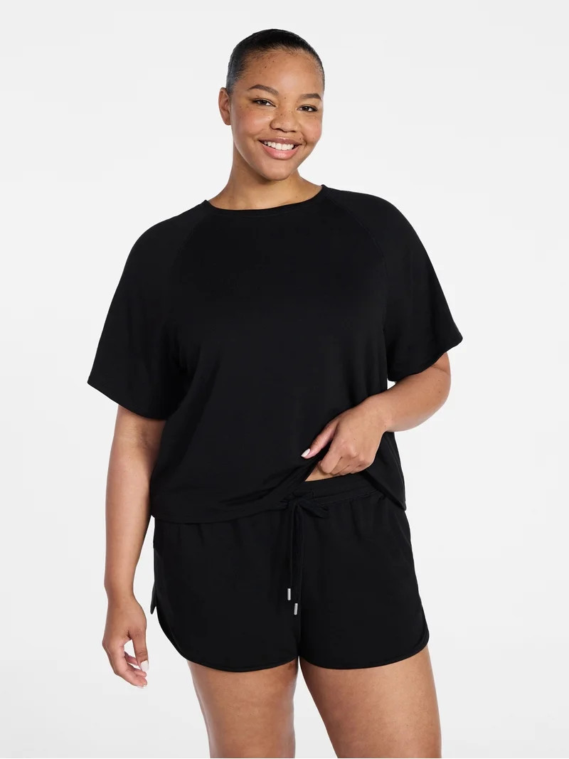 Joyspun Women's French Terry Lounge Sleep Short Sleeve Top and Shorts Set, 2-Piece, Sizes XS-3X | Walmart (US)