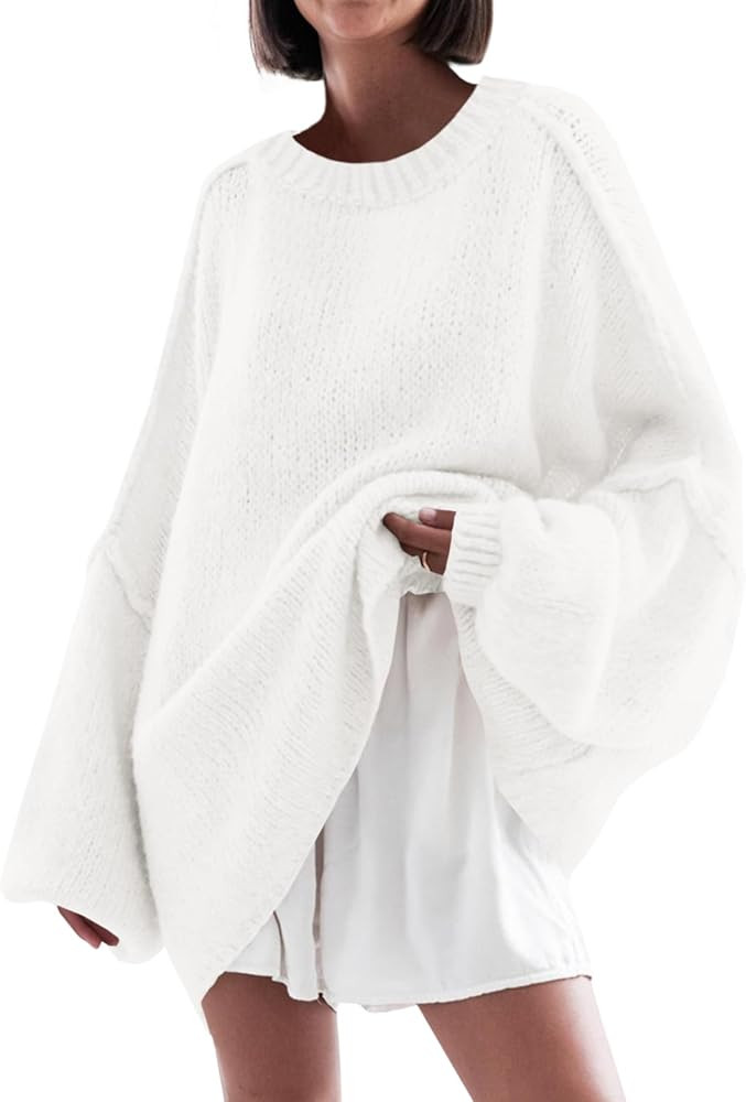 Saodimallsu Womens Oversized Sweater Chunky Crew Neck Long Lantern Sleeve Knit Fall Trendy Tunic ... | Amazon (US)