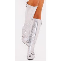 Silver Pu Metallic Buckle Detail High Heeled Knee Boots | PrettyLittleThing US
