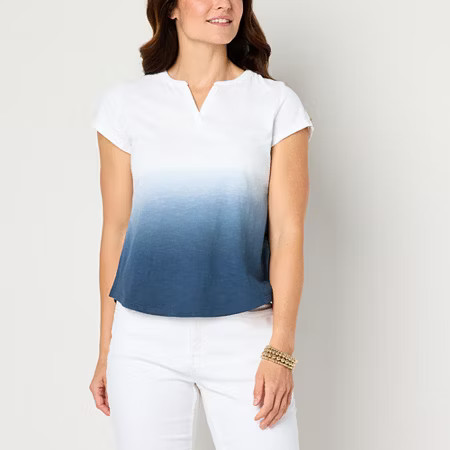 Liz Claiborne Womens Split Crew Neck Short Sleeve Blouse, Small, Blue | JCPenney