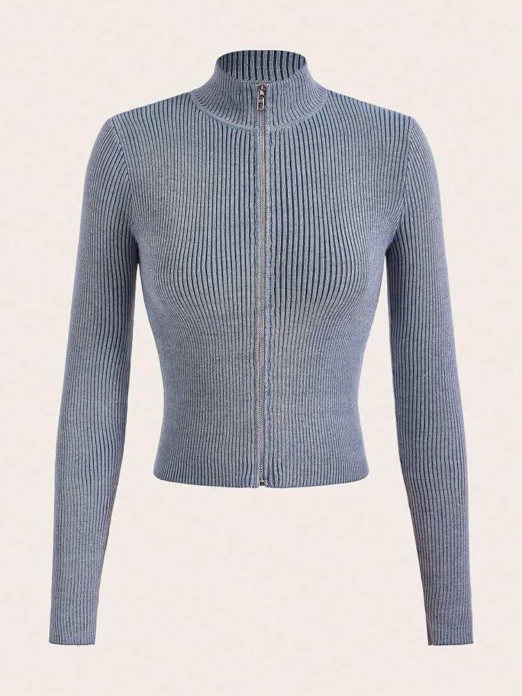 Women's Sweater Women's Zip Up Crop Cardigan Sweater, Casual Stand Collar Long Sleeve Rib-Knit Ja... | Amazon (US)