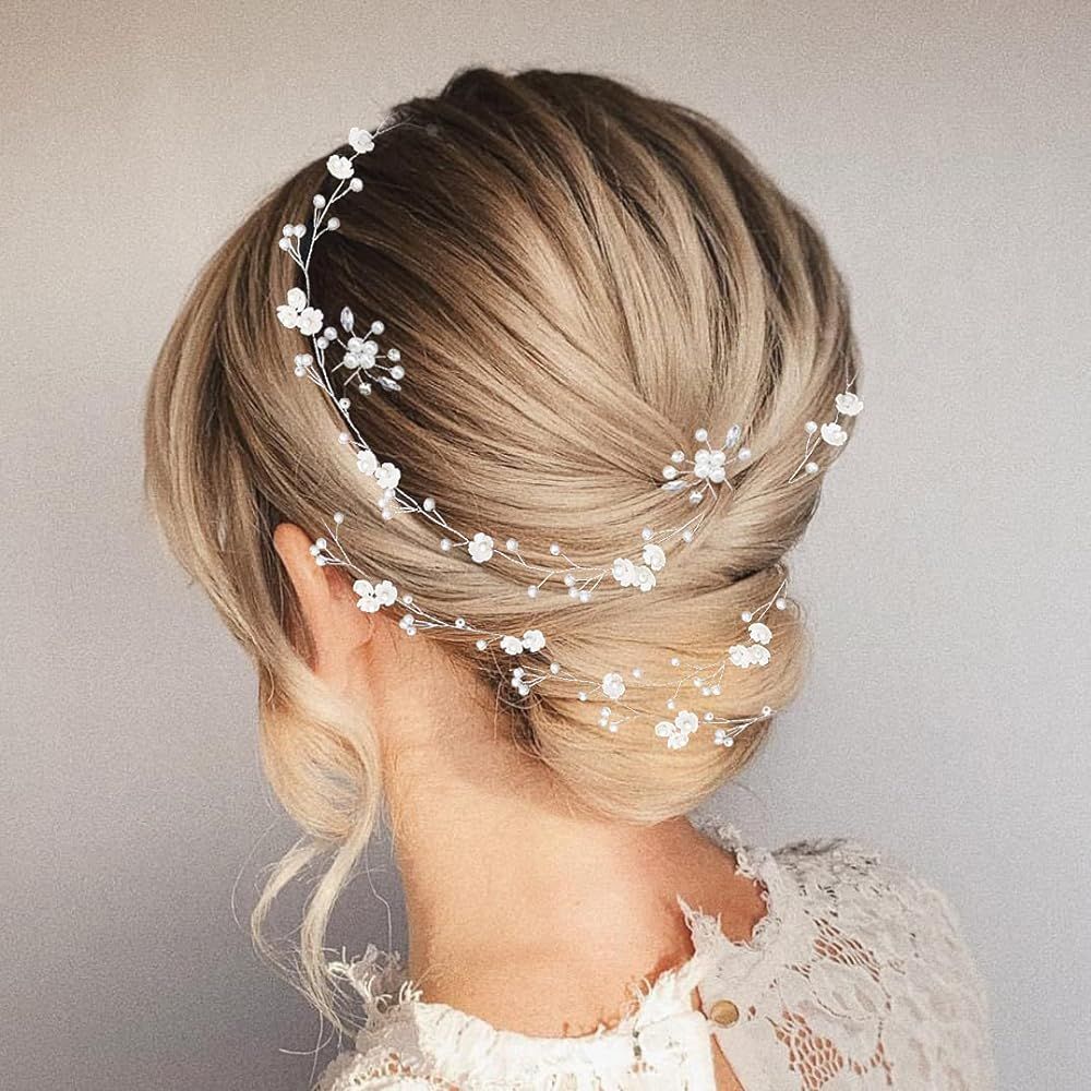 Bridal Wedding Hair Vine,Extra Long Pearl and Crystal Beads Bride Head Piece,Silver Hair Accessor... | Amazon (US)