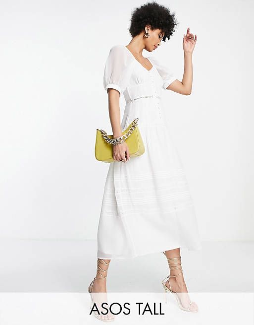 ASOS DESIGN Tall soft sweetheart neck button up midi dress with lace inserts in cream | ASOS (Global)