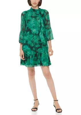 Calvin Klein Women's 3/4 Sleeve Ruffle Bow Floral A-Line Dress | Belk