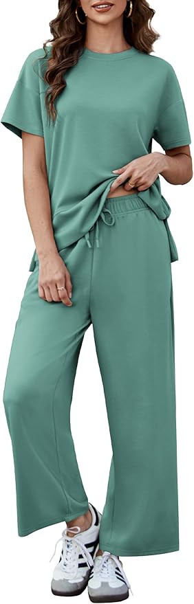 PINSPARK 2 Piece Sets for Women Soft Short Sleeve Matching Lounge Set Wide Leg Pants Tracksuit Tr... | Amazon (US)