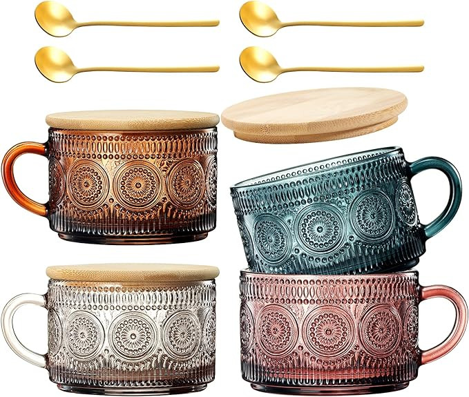 Khen Colored Vintage Coffee Mug Set | Set of 4 | 15oz Unique Flower Hobnail Glasses, Overnight Oa... | Amazon (US)