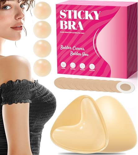 PTENLIDIY Sticky Bra Inserts, Push Up Sticky Bra Pads with Nipple Covers, Double Sided Sticky Bra, Adhesive Bra Inserts For Sports Bra & Swimsuit, Includes Storage Bag, Beige M | Amazon (US)