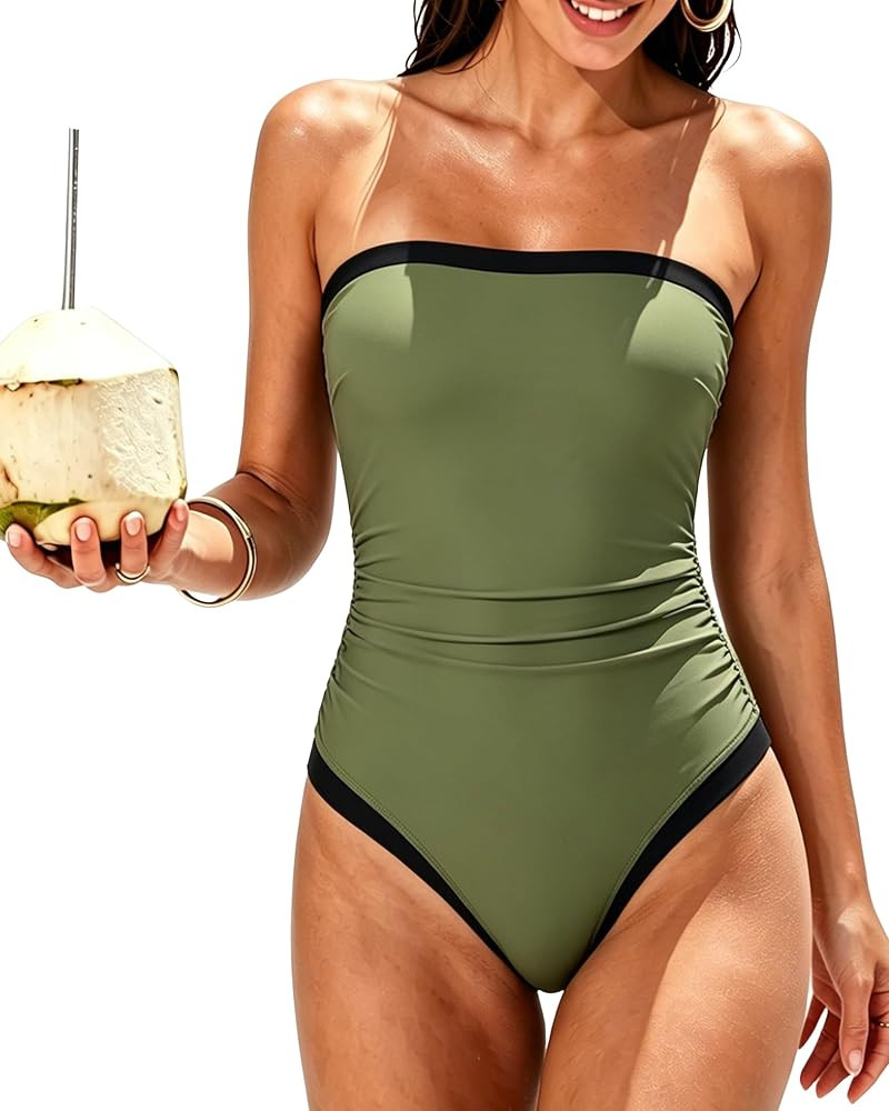 SUUKSESS Women One Piece Tummy Control Swimsuit Strapless Bandeau Bathing Suit | Amazon (US)