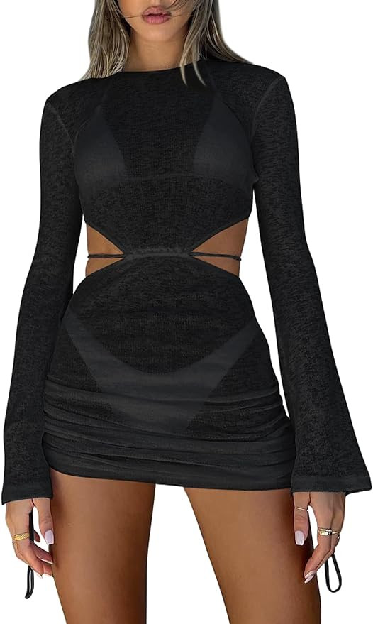 Kaximil Women's Swimsuit Coverup Long Sleeve Sexy Beach Bathing Suit Cover Ups Mini Dress Swimwea... | Amazon (US)