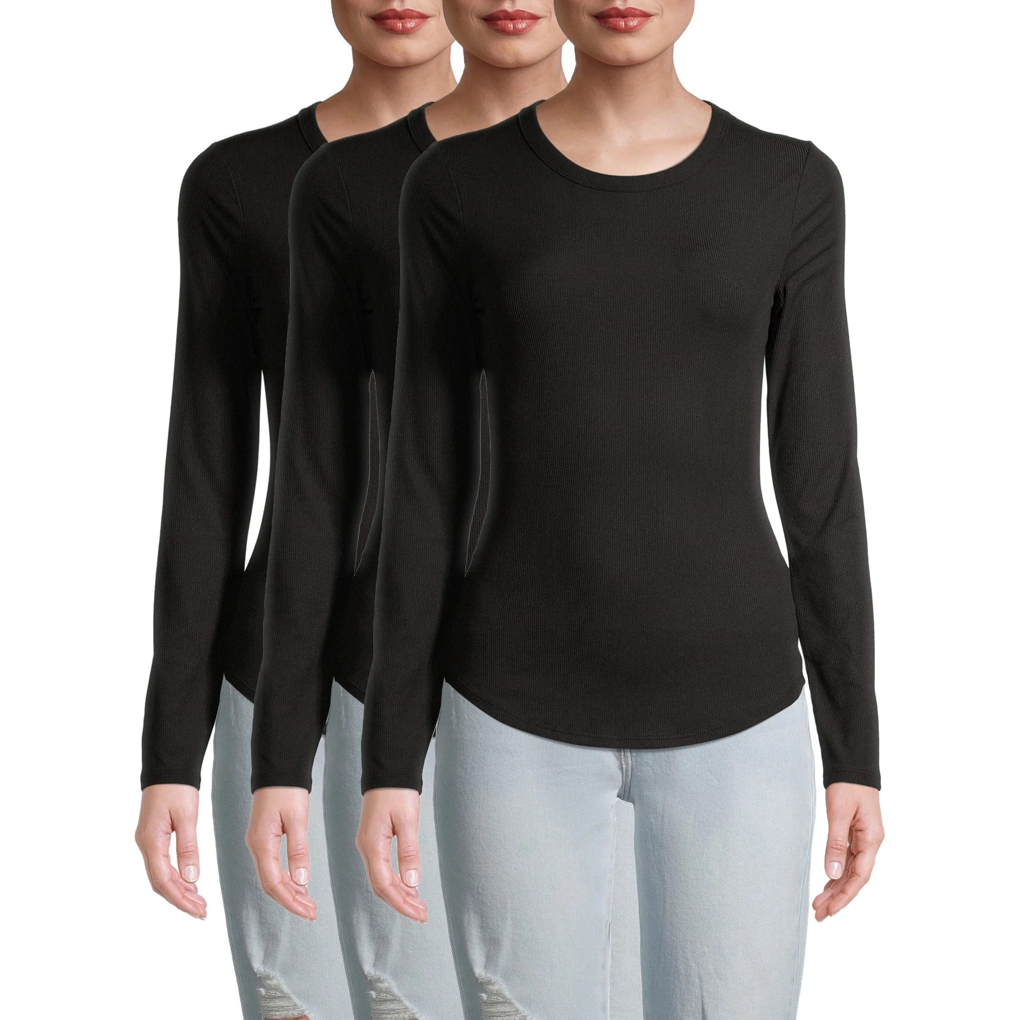 No Boundaries Juniors Ribbed Long Sleeve Crewneck T-Shirt, 3-Pack | Walmart (US)