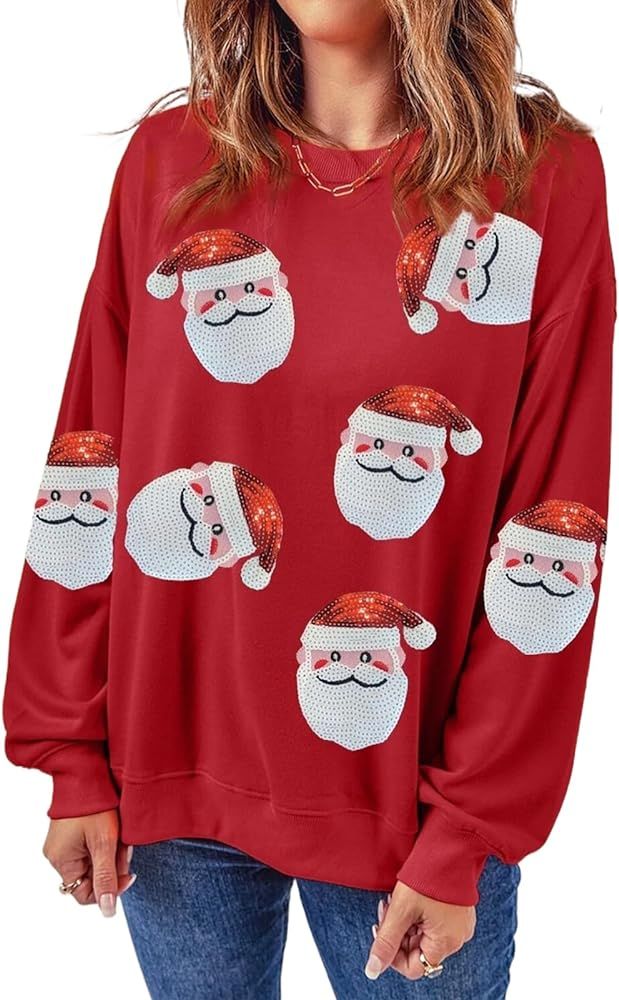 Ecosunny Women’s Christmas Graphic Sweatshirts Casual Long Sleeve Crewneck Pullover Sequin Santa Cla | Amazon (US)