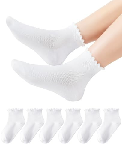 HONGTEYA Girls White Ruffle Socks School Dress Uniform Lace Cotton Socks for Kids Frilly Ankle 6 Pairs Size 2-14 Years (US, Age, 6 Years, 8 Years, Ruffle) | Amazon (US)