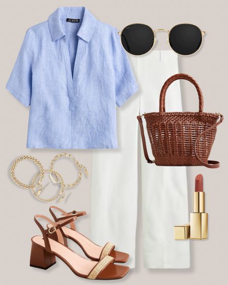 Light blue shirt
White pants
Gold sunglasses
Round sunglasses
Brown bag
Brown woven bag
Gold bracelets
Pink lipstick
Brown sandals
Brown ankle strap heels
Spring outfit
Summer outfit
Vacation outfit
J.Crew outfit

#LTKfindsunder100 #LTKstyletip #LTKSeasonal