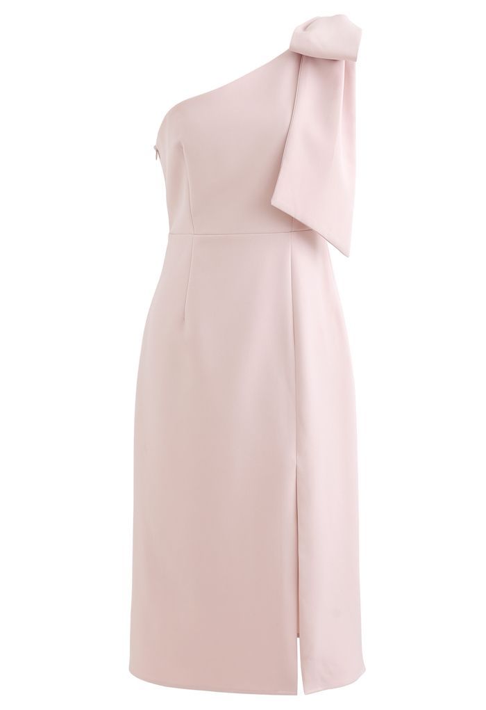 Bow Strap Oblique Slit Shift Dress in Pink | Chicwish