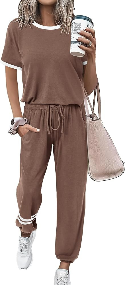 PRETTYGARDEN Womens 2 Piece Outfit Short Sleeve Pullover Tops Tracksuits | Amazon (US)