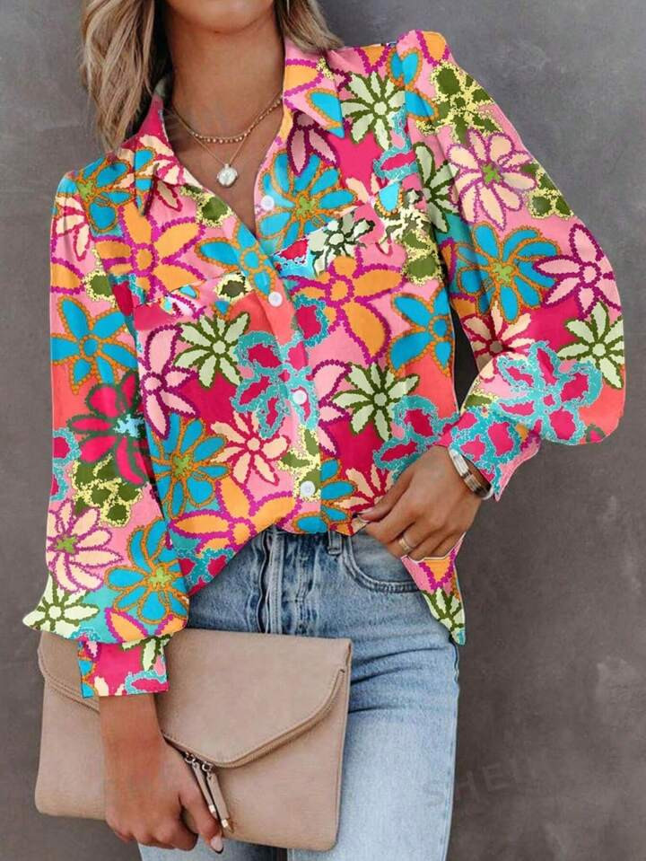 SHEIN LUNE Women'S Colorful Flower Print Long Sleeve Shirt | SHEIN