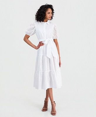 Women's Puff-Sleeve Midi Eyelet Shirtdress | Macy's