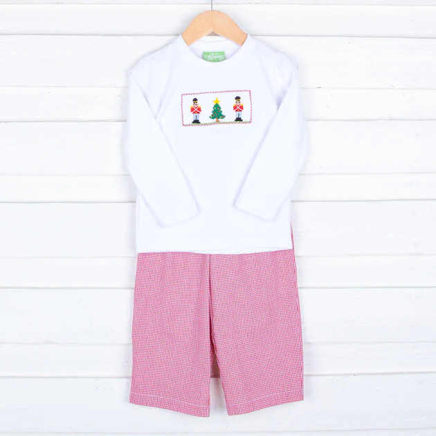 Smocked Toy Soldier and Tree Red Gingham Pant Set | Classic Whimsy