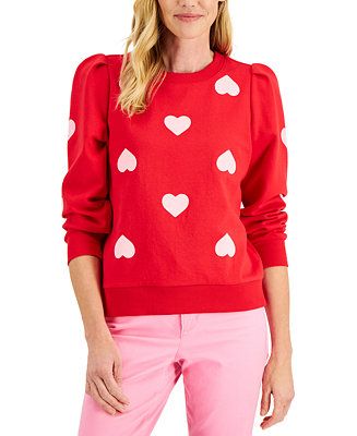 Charter Club Puffed-Shoulder Heart-Print Sweatshirt, Created for Macy's & Reviews - Tops - Women ... | Macys (US)