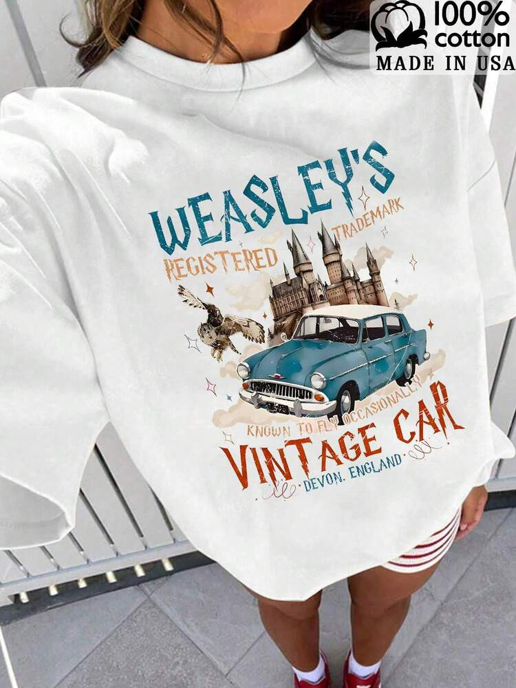 100%Cotton Wizard Flying Car Shirt, Vintage Style Weasley Car Tee, Bookish Wizard Shirt, Universal Fan Tshirt, ,Round Neck Short Sleeve Women's T-Shirt,Women's Tops | SHEIN